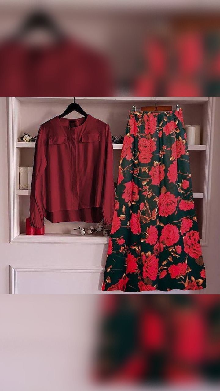 PW05 Floral Skirt in Black With plain Red Shirt