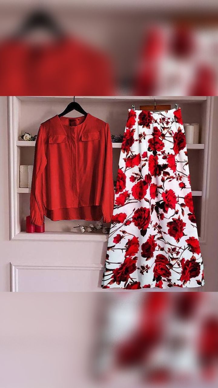 PW09 Floral Skirt in White With plain Red shirt